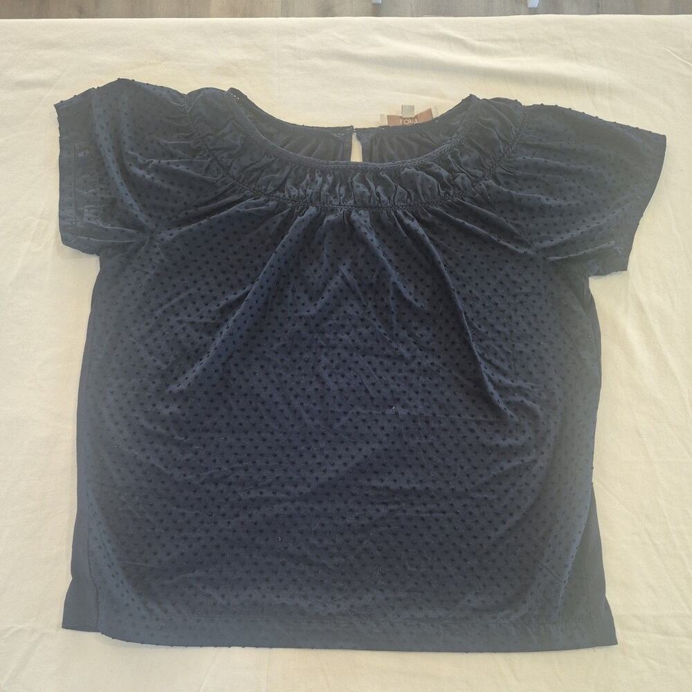 LOFT Navy Blue Dot Texture Neck Outline Short Sleeves Sz S